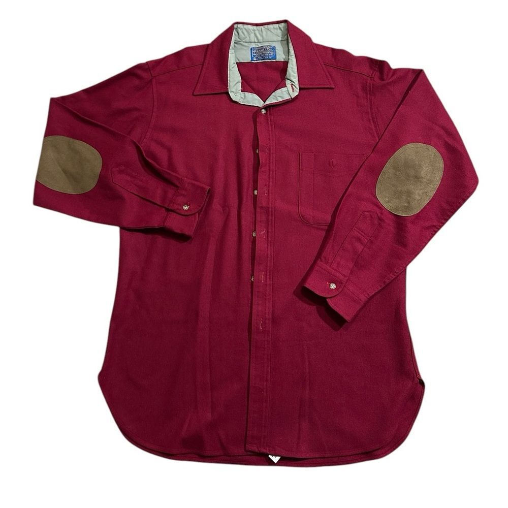 Vintage Mens Pendleton Wool Button Down Shirt with Leather Elbow Patches Size L